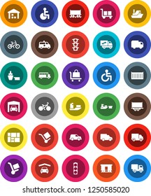 White Solid Icon Set- school bus vector, bike, Railway carriage, traffic light, ship, truck trailer, sea container, delivery, car, port, consolidated cargo, warehouse, disabled, amkbulance, garage