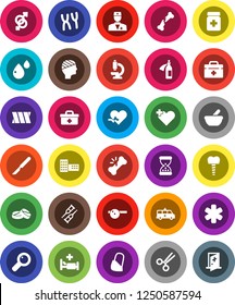 White Solid Icon Set- school building vector, doctor bag, ambulance star, heart pulse, cross, gender sign, magnifier, crutches, scissors, scalpel, broken bone, sand clock, pills, bottle, mortar