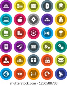 White Solid Icon Set- school building vector, notebook pc, graph, credit card, hierarchy, dollar cursor, diet, hand trainer, enegry drink, earth, sea container, wood box, route, doctor, vial, eye