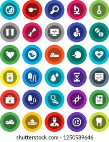 White Solid Icon Set- school building vector, doctor bag, disabled, heart pulse, cross, thermometer, vial, dna, magnifier, pregnancy, insemination, broken bone, sand clock, stethoscope, pills, tooth