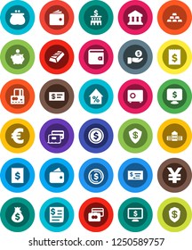 White Solid Icon Set- school building vector, bank, dollar coin, gold ingot, credit card, wallet, percent growth, money bag, piggy, investment, check, receipt, safe, monitor, euro sign, yen, shield