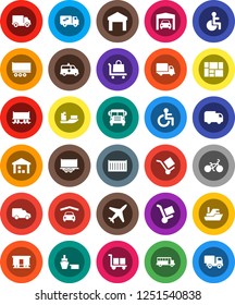 White Solid Icon Set- school bus vector, bike, Railway carriage, plane, ship, truck trailer, sea container, delivery, car, port, consolidated cargo, warehouse, disabled, amkbulance, garage, trolley