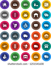 White Solid Icon Set- school bus vector, bike, plane, traffic light, ship, truck trailer, sea container, delivery, port, consolidated cargo, warehouse, disabled, amkbulance car, garage, relocation