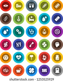 White Solid Icon Set- school building vector, heart pulse, thermometer, flask, vial, eye, gender sign, syringe, crutches, broken bone, patch, stethoscope, pills, bottle, blister, microscope, microbs