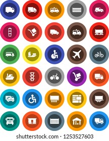 White Solid Icon Set- school bus vector, bike, Railway carriage, plane, traffic light, ship, truck trailer, sea container, delivery, car, consolidated cargo, warehouse, disabled, amkbulance, trolley