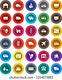 White Solid Icon Set- school bus vector, bike, Railway carriage, plane, traffic light, ship, truck trailer, sea container, delivery, car, port, consolidated cargo, warehouse, disabled, amkbulance