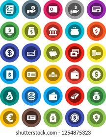 White Solid Icon Set- school building vector, bank, dollar coin, gold ingot, credit card, wallet, money bag, piggy, investment, check, receipt, medal, shield, safe, monitor, euro sign