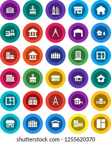White Solid Icon Set- school building vector, drawing compass, university, bank, stadium, dry cargo, hospital, home, cottage, chalet, barn, fence, plan, apartments, office, love, store, mall, window