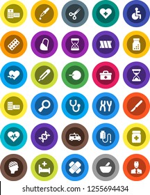 White Solid Icon Set- school building vector, doctor bag, disabled, heart pulse, cross, thermometer, dna, magnifier, insemination, dropper, scissors, scalpel, sand clock, patch, stethoscope, blister