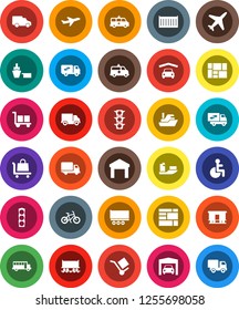 White Solid Icon Set- school bus vector, bike, Railway carriage, plane, traffic light, ship, truck trailer, sea container, delivery, car, port, consolidated cargo, warehouse, disabled, amkbulance