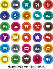 White Solid Icon Set- school bus vector, bike, plane, traffic light, ship, truck trailer, sea container, delivery, car, port, consolidated cargo, warehouse, Railway carriage, disabled, garage