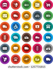 White Solid Icon Set- school bus vector, bike, plane, traffic light, ship, truck trailer, sea container, delivery, car, port, consolidated cargo, warehouse, Railway carriage, disabled, amkbulance