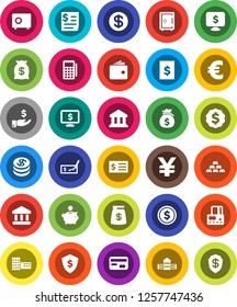 White Solid Icon Set- school building vector, bank, dollar coin, credit card, wallet, money bag, piggy, investment, check, receipt, medal, shield, safe, monitor, euro sign, yen, gold ingot, reader
