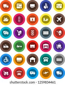 White Solid Icon Set- school bus vector, Railway carriage, plane, traffic light, ship, truck trailer, sea container, delivery, port, consolidated cargo, warehouse, disabled, amkbulance car, garage