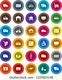 White Solid Icon Set- school bus vector, bike, Railway carriage, plane, traffic light, ship, truck trailer, sea container, delivery, car, port, consolidated cargo, warehouse, disabled, amkbulance