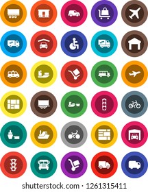 White Solid Icon Set- school bus vector, bike, plane, traffic light, ship, truck trailer, delivery, car, port, consolidated cargo, warehouse, Railway carriage, disabled, amkbulance, garage, trolley