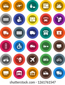 White Solid Icon Set- school bus vector, bike, plane, traffic light, ship, truck trailer, sea container, delivery, car, port, consolidated cargo, warehouse, Railway carriage, disabled, amkbulance