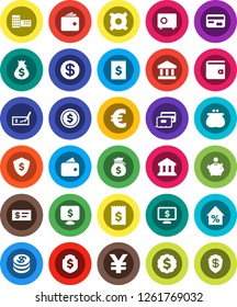 White Solid Icon Set- school building vector, bank, dollar coin, wallet, percent growth, money bag, piggy, check, receipt, medal, shield, safe, monitor, any currency, euro sign, yen, credit card