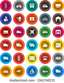White Solid Icon Set- school bus vector, bike, Railway carriage, plane, traffic light, ship, truck trailer, sea container, delivery, car, port, consolidated cargo, warehouse, disabled, amkbulance