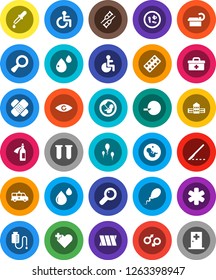 White Solid Icon Set- school building vector, doctor bag, ambulance star, disabled, heart cross, vial, eye, gender sign, magnifier, pregnancy, insemination, dropper, crutches, scalpel, patch, potion