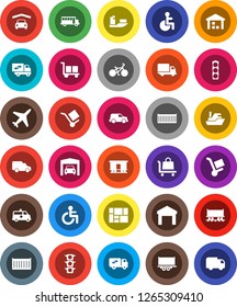 White Solid Icon Set- school bus vector, bike, Railway carriage, plane, traffic light, ship, truck trailer, sea container, delivery, car, consolidated cargo, warehouse, disabled, amkbulance, garage