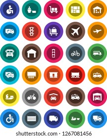 White Solid Icon Set- school bus vector, bike, Railway carriage, plane, traffic light, ship, truck trailer, sea container, port, consolidated cargo, warehouse, disabled, amkbulance car, garage