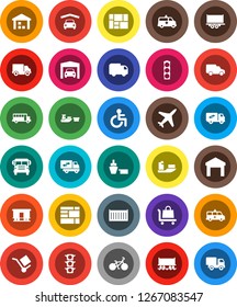 White Solid Icon Set- school bus vector, bike, Railway carriage, plane, traffic light, ship, truck trailer, sea container, delivery, car, port, consolidated cargo, warehouse, disabled, amkbulance