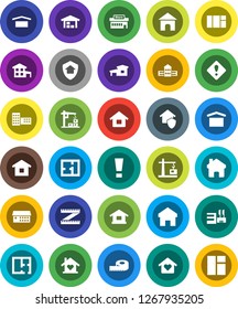 White Solid Icon Set- school building vector, measuring, dry cargo, hospital, home, attention sign, house, cottage, barn, plan, love, construction crane, protect, mall, window