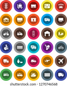 White Solid Icon Set- school bus vector, bike, Railway carriage, plane, traffic light, ship, truck trailer, sea container, delivery, car, port, consolidated cargo, warehouse, disabled, amkbulance