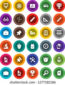 White Solid Icon Set- school building vector, corner ruler, glasses, case, backpack, atom, microscope, table lamp, alarm clock, paper pin, compass, award cup, certificate, bus, presentation, flask