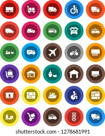 White Solid Icon Set- school bus vector, bike, Railway carriage, plane, traffic light, ship, truck trailer, delivery, car, port, consolidated cargo, warehouse, disabled, amkbulance, relocation