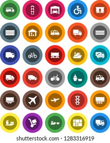 White Solid Icon Set- school bus vector, bike, Railway carriage, plane, traffic light, ship, truck trailer, sea container, delivery, car, port, consolidated cargo, warehouse, disabled, amkbulance