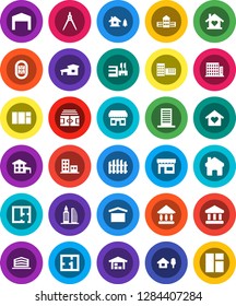 White Solid Icon Set- school building vector, drawing compass, university, bank, stadium, dry cargo, home, cottage, chalet, barn, fence, plan, apartments, office, love, store, mall, window