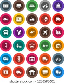 White Solid Icon Set- school bus vector, bike, plane, traffic light, truck trailer, sea container, delivery, car, port, consolidated cargo, warehouse, Railway carriage, ambulance, garage, trolley