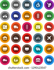 White Solid Icon Set- school bus vector, bike, Railway carriage, plane, traffic light, ship, truck trailer, sea container, delivery, car, port, consolidated cargo, warehouse, disabled, amkbulance