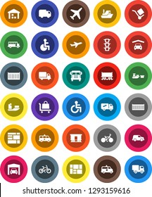 White Solid Icon Set- school bus vector, bike, Railway carriage, plane, traffic light, ship, sea container, delivery, car, port, consolidated cargo, warehouse, disabled, amkbulance, garage, trolley