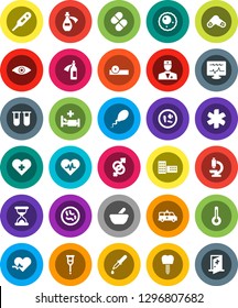 White Solid Icon Set- school building vector, ambulance star, heart pulse, cross, doctor, thermometer, vial, eye, gender sign, dropper, crutches, sand clock, pills, mortar, hat, microscope, microbs