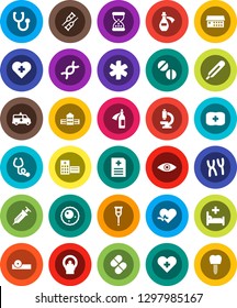 White Solid Icon Set- school building vector, heart cross, first aid kit, ambulance star, pulse, thermometer, eye, dna, syringe, crutches, sand clock, stethoscope, pills, doctor hat, microscope
