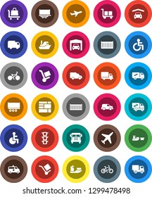 White Solid Icon Set- school bus vector, bike, plane, traffic light, ship, truck trailer, sea container, delivery, car, port, consolidated cargo, disabled, amkbulance, garage, relocation, trolley