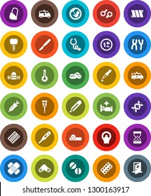 White Solid Icon Set- school building vector, thermometer, gender sign, dna, pregnancy, syringe, dropper, crutches, scalpel, sand clock, patch, stethoscope, pills, blister, eye doctor hat, microbs