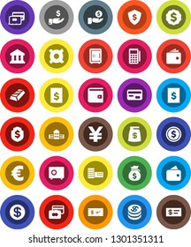 White Solid Icon Set- school building vector, bank, dollar coin, gold ingot, credit card, wallet, money bag, investment, receipt, medal, shield, safe, any currency, euro sign, yen, reader, check