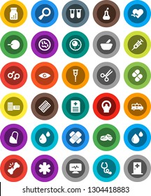 White Solid Icon Set- school building vector, ambulance star, heart pulse, flask, vial, eye, gender sign, magnifier, insemination, syringe, crutches, scissors, broken bone, patch, stethoscope, pills