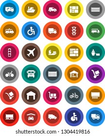 White Solid Icon Set- school bus vector, bike, Railway carriage, plane, traffic light, ship, truck trailer, sea container, delivery, car, port, consolidated cargo, warehouse, disabled, amkbulance