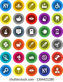 White Solid Icon Set- school building vector, disabled, thermometer, flask, eye, magnifier, insemination, dropper, scissors, broken bone, sand clock, stethoscope, pills, mortar, microbs, chromosomes