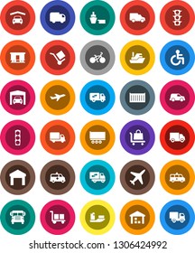 White Solid Icon Set- school bus vector, bike, plane, traffic light, ship, truck trailer, sea container, delivery, car, port, cargo, warehouse, Railway carriage, disabled, amkbulance, garage