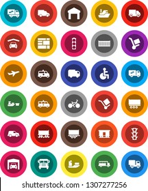 White Solid Icon Set- school bus vector, bike, Railway carriage, plane, traffic light, ship, truck trailer, sea container, delivery, car, port, consolidated cargo, warehouse, disabled, amkbulance