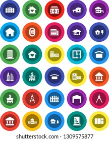 White Solid Icon Set- school building vector, drawing compass, university, bank, stadium, dry cargo, hospital, home, cottage, chalet, barn, fence, plan, apartments, office, love, window