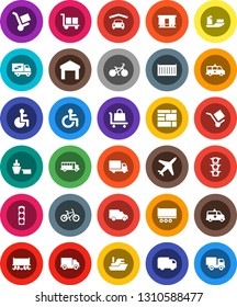 White Solid Icon Set- school bus vector, bike, Railway carriage, plane, traffic light, ship, truck trailer, sea container, delivery, car, port, consolidated cargo, warehouse, disabled, amkbulance