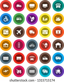 White Solid Icon Set- school bus vector, bike, Railway carriage, plane, traffic light, ship, truck trailer, sea container, delivery, car, consolidated cargo, warehouse, disabled, amkbulance, garage