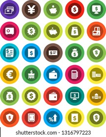 White Solid Icon Set- school building vector, credit card, wallet, percent growth, money bag, piggy bank, receipt, dollar medal, shield, safe, monitor, euro sign, yen, reader, check